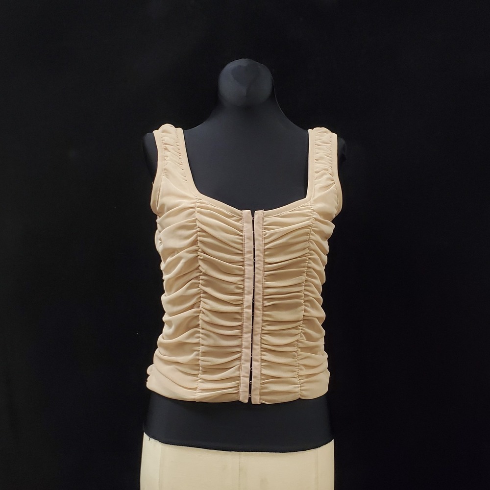 Shinestar Womens Micromesh Ruched Square Neck Sleeveless Top Size L Beige